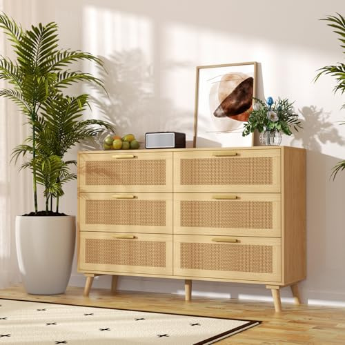 LNRLZYLS Kommode mit 6 Schubladen, Sideboard im Boho-Stil mit Rattandekor, Schrank aus Holz mit Goldenen Metallgriffen, Stabiler Aufbewahrungsschrank für Schlafzimmer, Wohnzimmer & Flur, Natur/Eiche