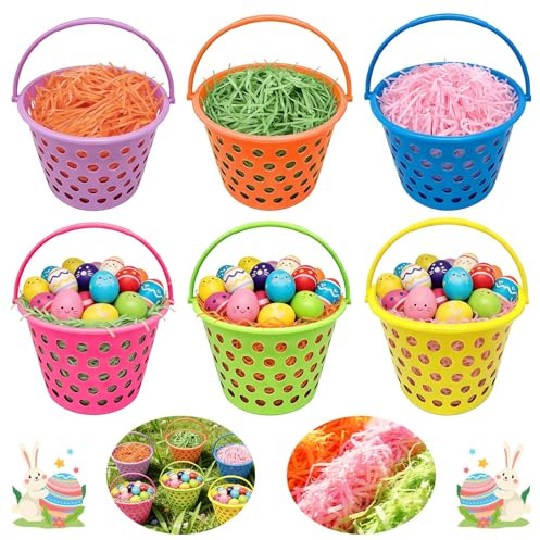 SilverChry Cesta Huevos Pascua, 6 Cesta Huevos Pascua Colores, Easter Basket, Incluyen 3 Paquetes de Hierba de Pascua, Ideales Búsqueda de Huevos de Pascua y Almacenar Huevos y Regalos