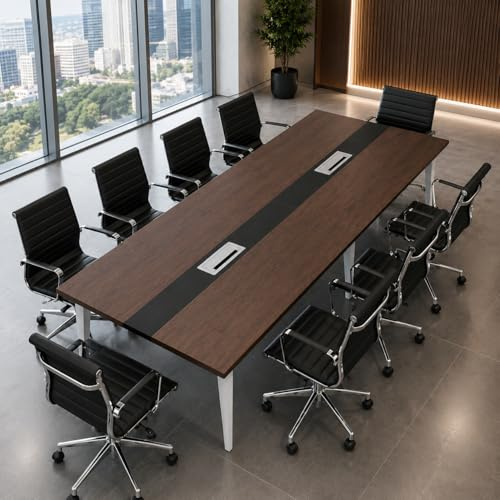 TrixmEsque 8ft Conference Table for 6-10 People Meeting Room Table with Cable Duct Strong Metal Frame Rectangular Long Office Desk Easy Assembly (Dark Walnut + Black, 240x120x74cm)