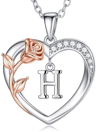 M MOOHAM Rosen Halskette mit Buchstaben Damen, Geschenke Frauen Freundin | 14K Weißgold Vergoldet Herz Kette mit Buchstaben Anhänger Ketten Damen Jahrestag Geburtstagsgeschenk für Frauen Freundin