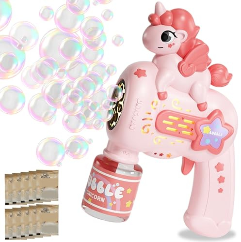 DONGTATA Einhorn Seifenblasenpistole Automatisch für Kinder 3-8 Jahre Tragbare Seifenblasenmaschine mit LED Licht & Flüssigkeit Blasmaschine Spielzeug für Mädchen Outdoor Garten Party Geburtstag