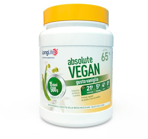 LongLife® Absolute Vegan | Proteine vegetali da pisello e riso 64% con Inulina | Crescita e mantenimento della massa muscolare | Benessere delle ossa | Vaniglia | 15 dosi | Vegano e senza glutine