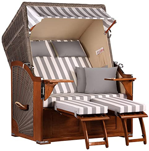 MR. DEKO® Strandkorb Seeblick Mahagoni 2-Sitzer | PE Geflecht Grey | Volllieger verstellbar mit Fußablage | inkl. 4 Kissen + Wechselpolster | Strandkörbe fertig montiert aus Mahagoniholz (Dessin 513)