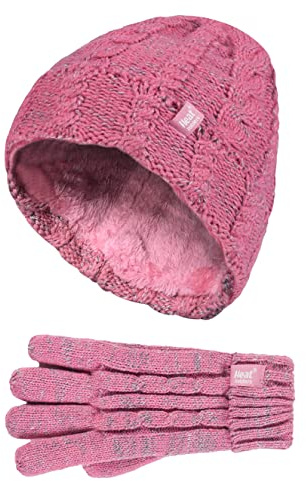 Heat Holders - Ensemble bonnet avec pompon et gants d'hiver en tricot torsadé et intérieur en polaire pour enfants - Rose - Taille unique