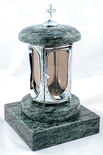 designgrab Grablampe mit Granit Sockel 20x20x5 cm, aus verchromtem Aluminium mit Kreuz und Granit Olive Green