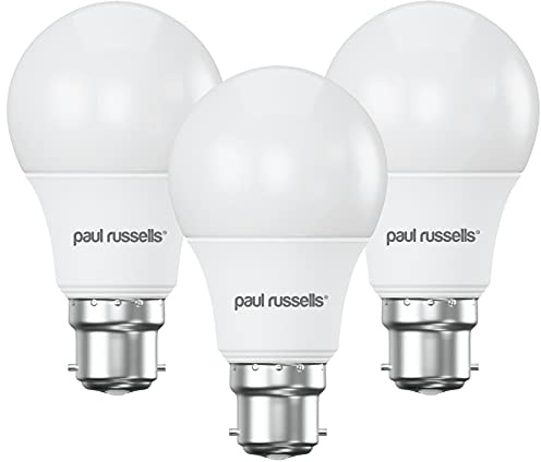 paul russells LED GLS Light Bayonet Cap BC, 60w Equivalent, 8watt 806LM LED Bulbs, 6500K Daylight Lamp, Classic Frosted A60 Standard B22 Energy Saving Non-Dimmable Large Globe Lightbulbs, 3 Pack