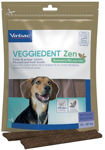 Virbac VeggieDent Zen M – Snack Dental Relajante para Perros de Razas Medianas (10-30 kg) – Ayuda contra el estrés, el sarro y el Mal Aliento – 15 Unidades