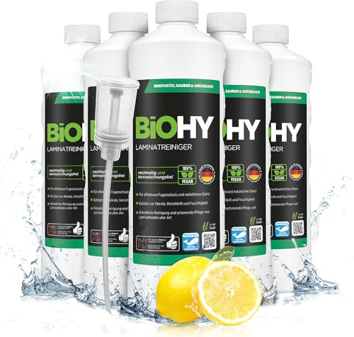 BiOHY Nettoyant pour stratifiés (6 x 1l Bouteille) + Distributeur | Soin du bois précieux grâce à une combinaison de tensioactifs spécialement adaptée | réduit le resalissement (Laminatreiniger)