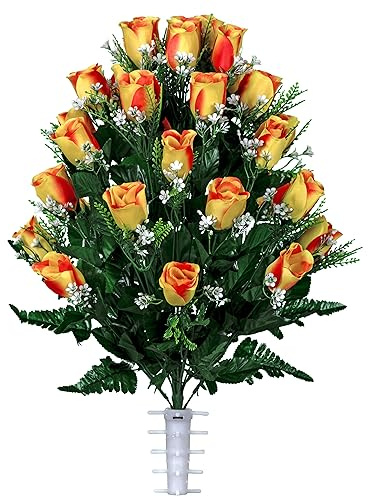 Sympathy Silks Artificial Cemetery Flowers - Realistic - Outdoor Grave Decorations - 30 Stems Sunset Orange Roses