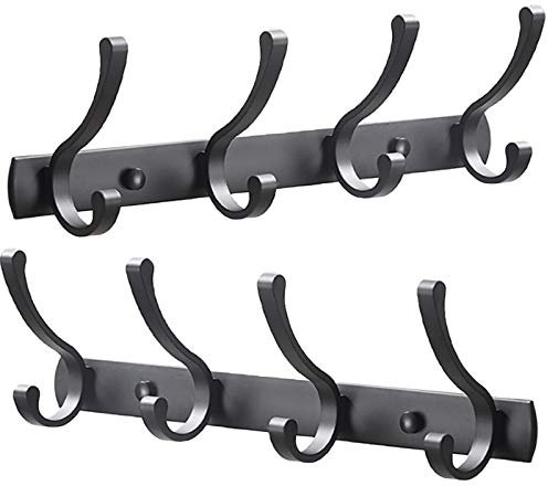Spotact 2 Pièces Porte-manteau Mural, 4 Doubles Crochets les Manteaux Cintre à Serviette Noir 13,8 x 1,3 Pouces Crochet à Vêtements Antirouille pour Entrée Salle de Bain Chambre Cuisine