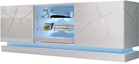 Qiu Meuble TV bas avec ouverture sans poignée, meuble TV, meuble TV, système de fermeture silencieuse, banc TV (modèle : 160, blanc/blanc brillant, avec éclairage LED RVB)