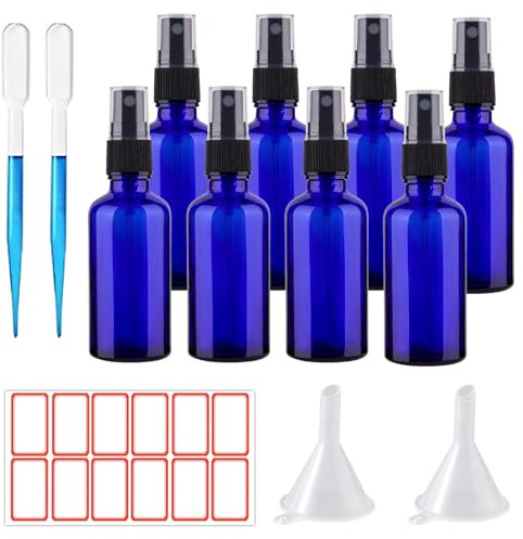 TUAKIMCE 8x50ml Sprühflasche Glas, Blau Leer Parfümzerstäuber Zerstäuber Sprühflasche Spray Bottle Pumpflasche Nachfüllbar Reise Feinnebel Flüssigkeitsbehälter für Ätherische Öle, Parfums