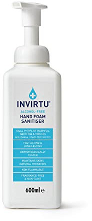 INVIRTU Alcohol Free Antibacterial Hand Sanitiser Foam (600ml) - Kills 99.9% Of Bacteria & Viruses - Large Hand Sanitiser Pump For Home & Professional Use – Non-Scented Disinfectant - Kind To Skin