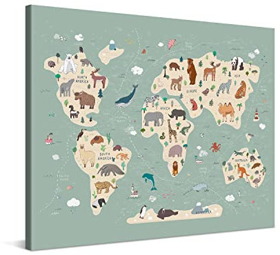 PICANOVA Weltkarte Leinwand Bilder - Premium-Leinwand-Kunstdruck - Bild auf Holzrahmen gespannt als Galerie-Kunstwerk - Kinder Weltkarten Sammlung für Wohnzimmer - Süße Tiere - 90x60cm