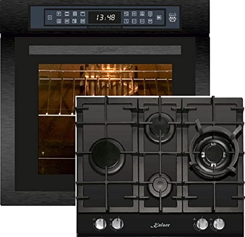 Kaiser Induktions Herd-Set EH 6306 Rs + KCG 6394, Einbaubackofen,Schwarz,79L 15 Fkt. Grill Air fryer Full Touch + Einbau Gaskochfeld 60cm, Schwarz Glas, Einbau Herd, 3,8kW WOK, Erdgas, Propangas