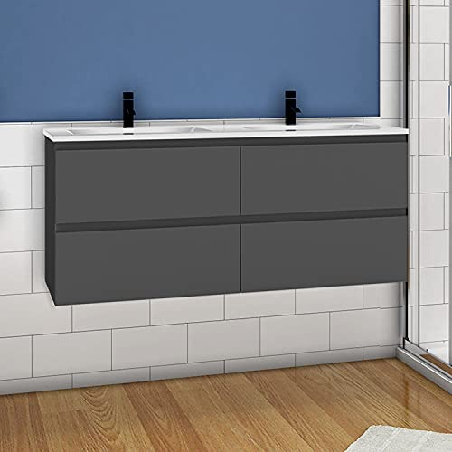 Aica Sanitär Waschtisch mit Unterschrank 120 cm Badmöbel Set mit Waschbecken Anthrazit Matt