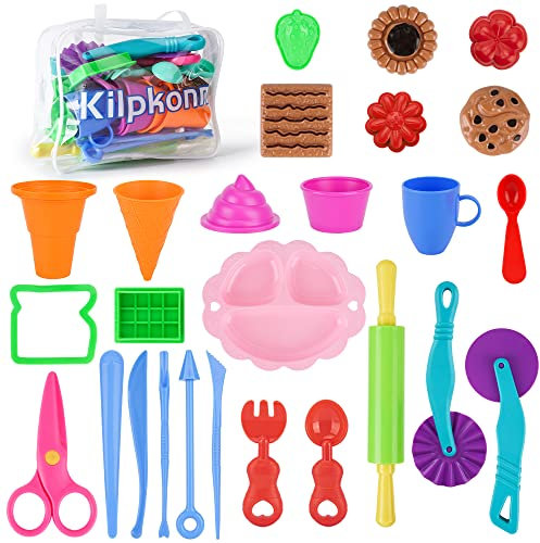 Knete Set für Kinder, 27 Stück Knetwerkzeug Küchensets, Form, Schere, Nudelholz mit Aufbewahrungstasche, Spielen Spielknete Knetspaß für Kinder Jungen Mädchen