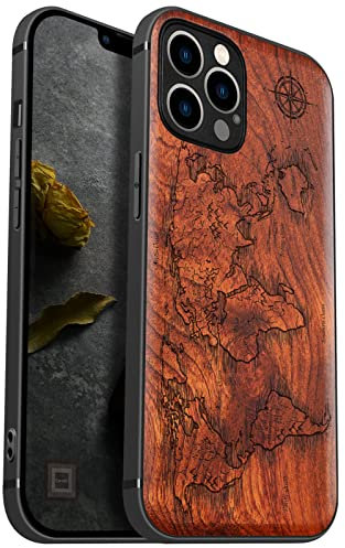 Carveit Coque en Bois pour iPhone 12 Pro Compatible MagSafe et Chargement sans Fil Étui de téléphone Antichoc de 12 Pro Etui magnétique TPU Bumper (Rosé-Boussole Cartes)