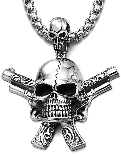 COOLSTEELANDBEYOND Herren Große Gewehr Pistole Schädel-Anhänger Edelstahl-Halskette Poliert Biker-Stil mit 75cm Stahl Weizen-Kette