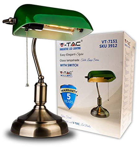 V-TAC Lampe de Table LED Vintage en Verre Vert avec Interrupteur à Chaîne - Lampe de Bureau de Style Rétro pour l'intérieur - Douille avec diffuseur en verre vert inclinable à 90° - Pour Ampoule E27
