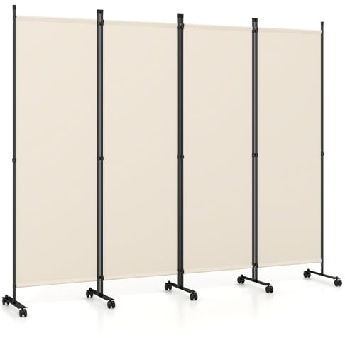 COSTWAY Separé Divisorio Interno 3/4/6 Ante (Bianco, 4 Pannelli con Ruote) | Paravento con Telaio Robusto e Tessuto Resistente, Pannelli Divisori per Ambiente da Ufficio, Salotto e Camera da Letto