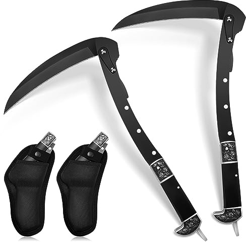 Leriton 2 Pcs Black Sharp Folding Sickle 14.6 inch Grass Hand Sickle Knife Wooden Handle Portable Safety Manual Sickle Garden Tool with Sheath for Lawn Branches Weeds Gardening Farming Cutting