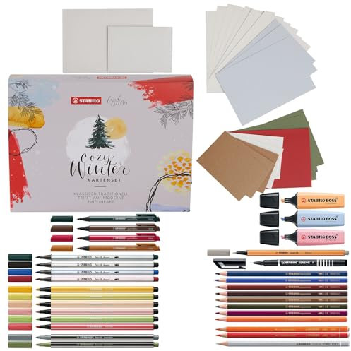 STABILO Kreativset Cozy“ für Postkarten - blanko Karten selbstgestalten – Handlettering und Aquarell-Set – 12 x Aquarellpapier mit passendem Umschlag, über 30 Stifte