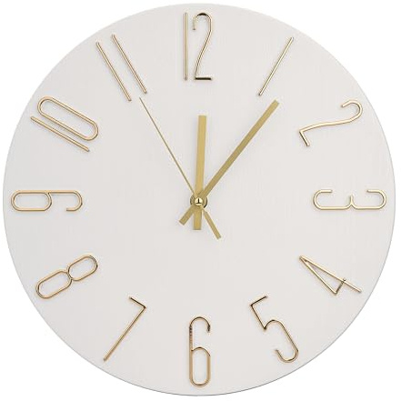 bakbrand Wall Clock 12 Inch Silent Non-Ticking Imitation Wood Indoor Clock Round White Decor Clock Modern 3D Figures Quartz Wall Clocks for Home, Hotel, Office, School, Bedroom, Living Room, Kitchen