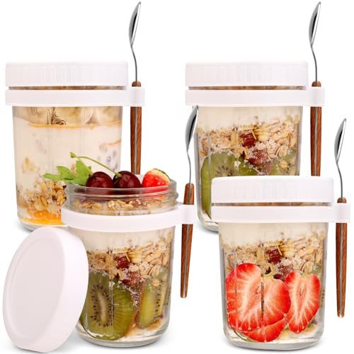 Opopark 4 Pack Overnight Oats Jars 12oz Glass with Lids Spoons | Airtight Breakfast Containers Measurement Marks for Milk Cereal Fruit Yogurt Chia Pudding