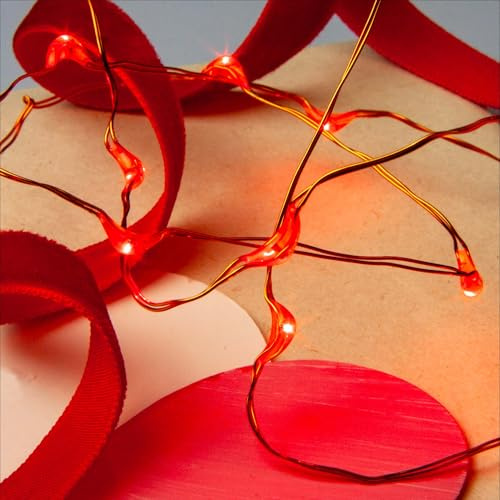 hellum LED Lichterkette Batterie, innen, 20 rote LED, 2er Set | Lichterkette Batterie (2xAA nicht inkl) mit roten Tauperlen, Drahtkabel, beleuchtet 0,95m, Valentinstag, Geburtstag 570755