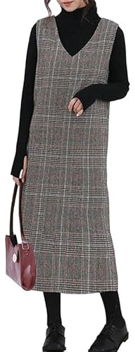 Runstarshow Vinterklänningar för kvinnor Storbritannien lång tartan klänning damer midi rutiga klänningar vintage moderskapsklänningar med fickor elegant vardaglig ärmlös V-ringad slits klänning