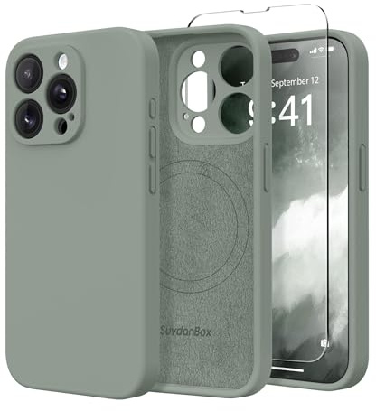 SuydanBox Silikon-Schutzhülle für iPhone 15 Pro Max, kompatibel mit MagSafe, Kameraschutz, Displayschutzfolien, schlanke, stoßfeste Schutzhülle, weiches kratzfestes Mikrofaserfutter, Calke Green