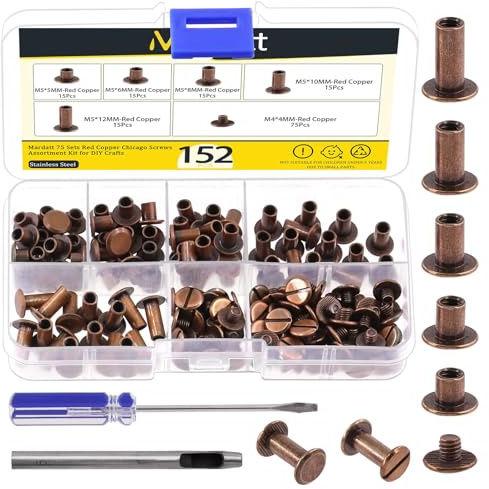 Mardatt 152Pcs 5 Sizes Chicago Screws with Punch and Screwdriver, M5 x 5/6/8/10/12MM Carbon Steel Chicago Rivet Chicago Binding Screw Flat Head Leather Rivet for DIY Leather Repair(Red Antique Copper)