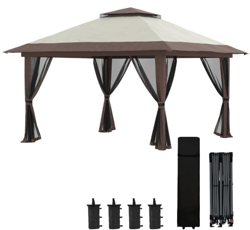 Outsunny Tonnelle de Jardin Extérieur Pop-Up Double Toit 4x4m Beige Marron | Barnum de Jardin,Tente Pliant,Protection UV 50+,4 Moustiquaires,4 Sacs de Sable,1 Sac de Transport,Tissu Oxford, Métal