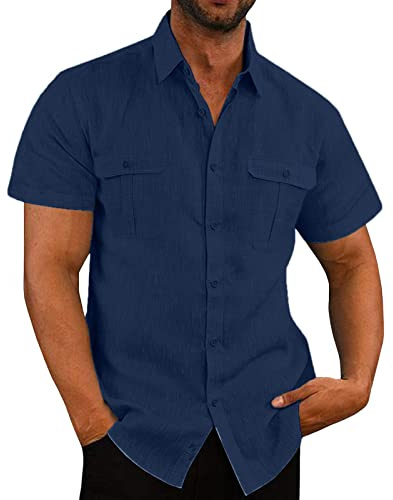 Camisa de Manga Corta Hombre 2024 Algodón y Lino Camiseta Casual Color sólido Cuello en V Botones Verano Moda Original T-Shirt Suelto Fiesta Ligero Transpirable Tops Talla Grande tee