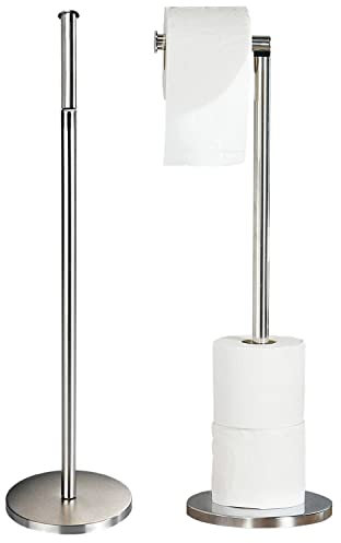 Crystals Toilet Roll Holder Free Standing - 2 in 1 Stainless Steel Toilet Paper Holder, Up to 5 Toilet Roll Storage - No Drill Toilet Roll Stand, Silver