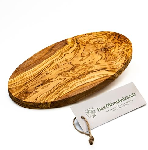 DAS OLIVENHOLZBRETT®Brotzeitbrett oval/Schneidebrett/35 cm | Frühstücksbrett aus Holz oval/Servierbrett/Vesperbrett aus Olivenholz/moderne Form/allrounder für die Küche!
