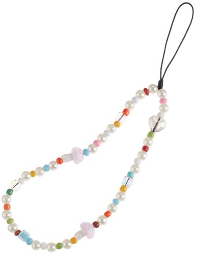 ORGECRAFT Mushroom Beaded Phone Strap Pearl Universal Handmade Keychain Detachable Resin Colorful Cell Phones Anti-Lost Wrist Lanyard Mobile Phone Case Accessories Chains for Women Girl