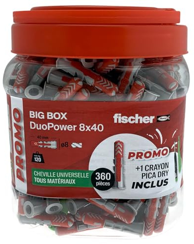fischer BigBox de 360 Tacos DuoPower 8 x 40 + 1 lápiz de Obra Pica Dry, Talla única