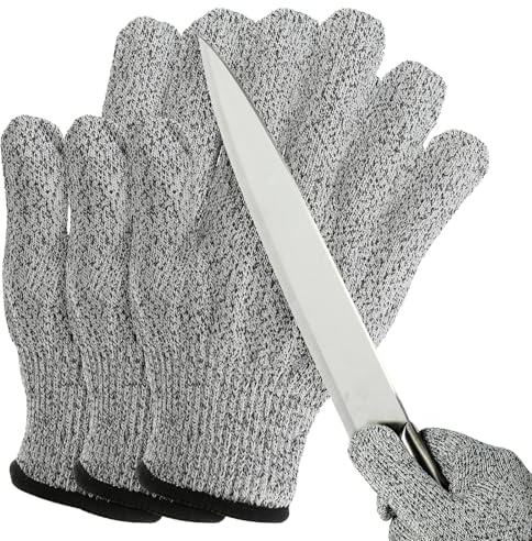 PATIKIL Cut Resistant Gloves, 3 Pair Level 5 Protection Anti Cutting Gloves Cut Proof Gloves for Kitchen Wood Carving Working, Large, Gray