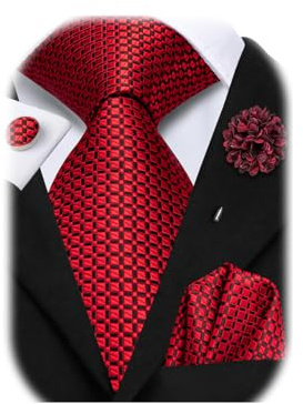 Hi-Tie Ties for Men Black Red Green Pink Mens Ties Set Silk Necktie and Pocket Square Flower Lapel Pin for Wedding, Red