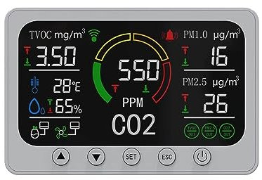 Rilevatore di Qualità dell'aria, Wi-Fi Smart 6 IN 1 Misuratore di gas CO2 Misura PM2.5 PM1.0 TVOC CO2 Temperatura Umidità Sensore TVOC Monitor della qualità dell'aria,Applicabile, Indoor, Scuola, Uff