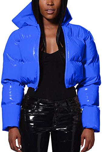 Giubbino Donna Giacca in Pelle con Cappuccio Imbottita Lucida Corta da Donna Autunno e Inverno Calda Piumino Donna Corto Giacca Donna Invernale Corta (Blue, S)