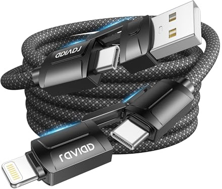 RAVIAD Multi USB Kabel Universal Ladekabel[3M]Nylon Schnell 4 in 1 Mehrfach | Ladekabel 60W PD mit USBC/USBA auf Lightning, USBC/USBA auf USBC für iPhone 16/15, Samsung Galaxy, Huawei - Schwarz