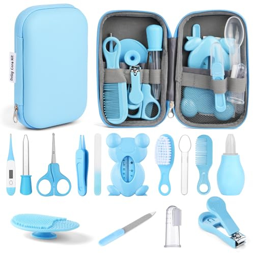 HAGOT 20 Pcs Trousse de Soin Bébé, Trousse de Toilette Bébé, Compacte, avec Brosse à Cheveux, Pince à Ongles ect, pour Nouveau-Nés Filles Garçons, Bleu