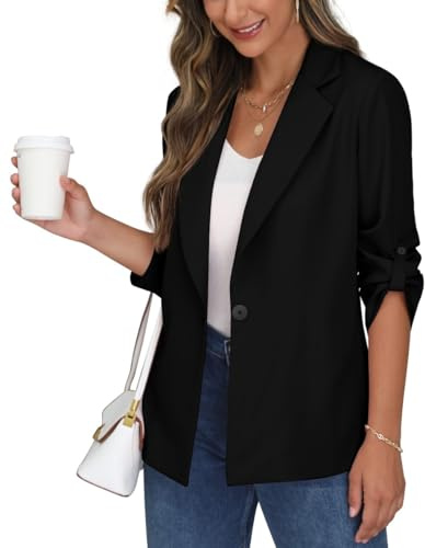 PrinStory Blazer da Donna con Maniche Regolabili, Blazer da Donna con Tasche, Collo a Bavero, Cardigan con Bottoni, Giubbotto, Blazer nero., 46