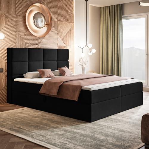 MOTIVENA Alpha Boxspringbett 180x200 Schwarz Samt, mit Bonellfederkern-Matratze (H4), mit T28 Komfortschaumstoff Topper (H3), Boxspringbett 180x200 mit Bettkasten Schwarz