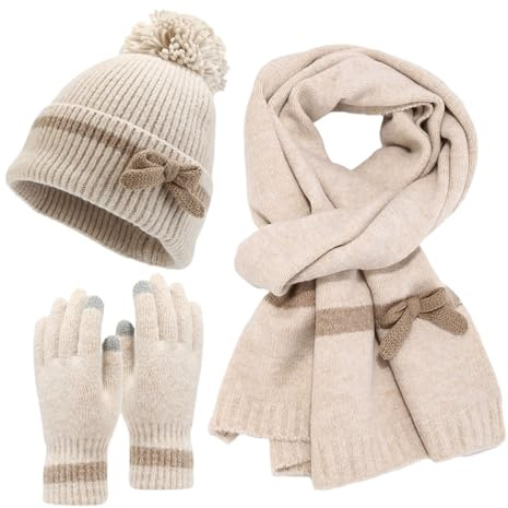 Generisch Gorro de mujer con pompón de cachemira para mujer, bufanda, guantes, lazo, tres piezas, dulce, moderno, frío, cálido, gorro, juego de pelador, beige, Talla única