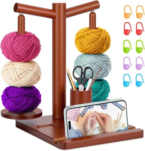 SelfTek Avvolgitelo per Lana in Legno - Avvolgitelo per Lana Magnetico con Segnatempo per Maglia Accessori, Supporto Smartphone e Organizatore, Regali per Appassionati Di Maglieria (Marrone)