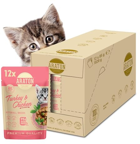 ARATON Våtfoder för kattungar med kyckling och kalkon – våtfoder för katter med 78 % animaliska ingredienser, balanserat kattfoder vått för hälsosam tillväxt 12 x 85 g